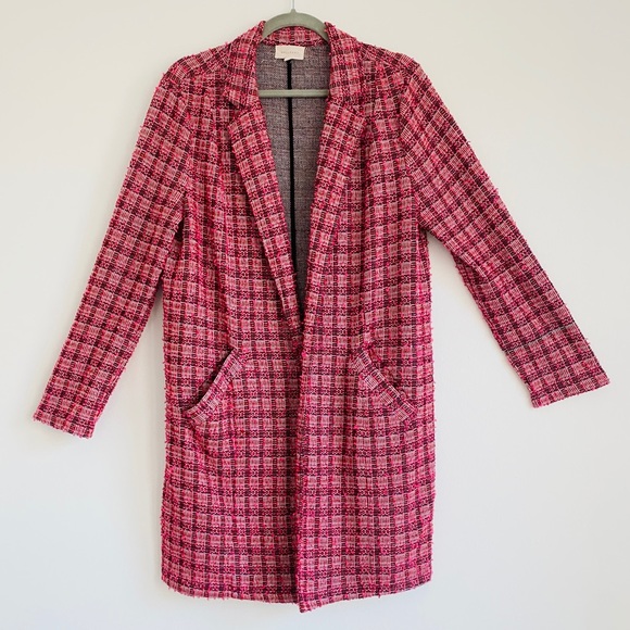 MELLODAY Jackets & Blazers - Melloday Pink Plaid Tweed Jacket Open Front Jacket (L)
